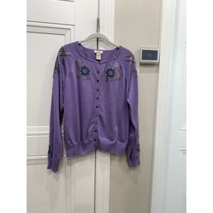 Sundance Purple Beaded Floral Embroidered Cotton Cardigan Sweater XL